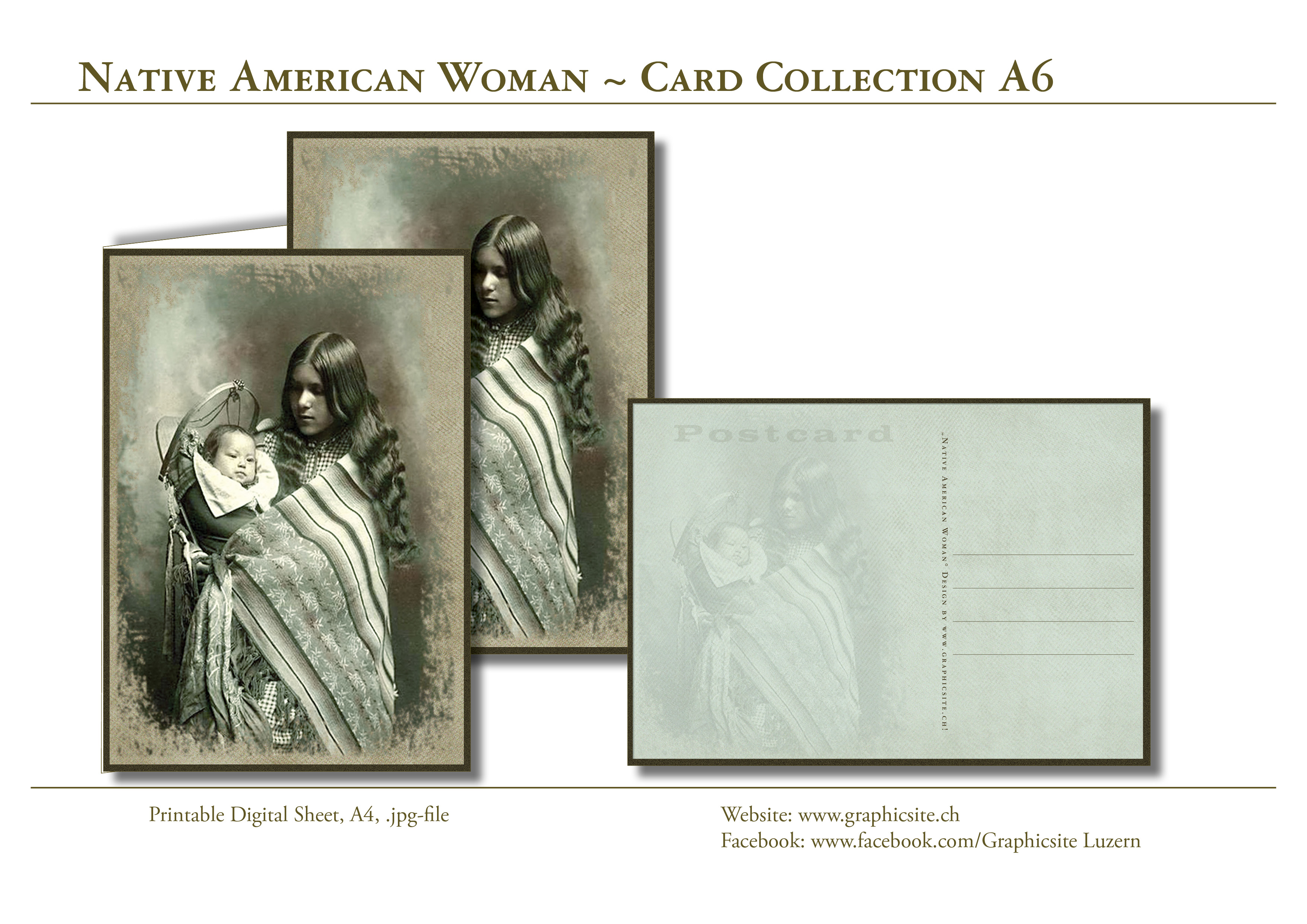 Printable Digital Sheets - CardCollections A6, Postcard, GreetingCard, Native American Woman, Indian, Vintage, Graphic Design, Luzern,